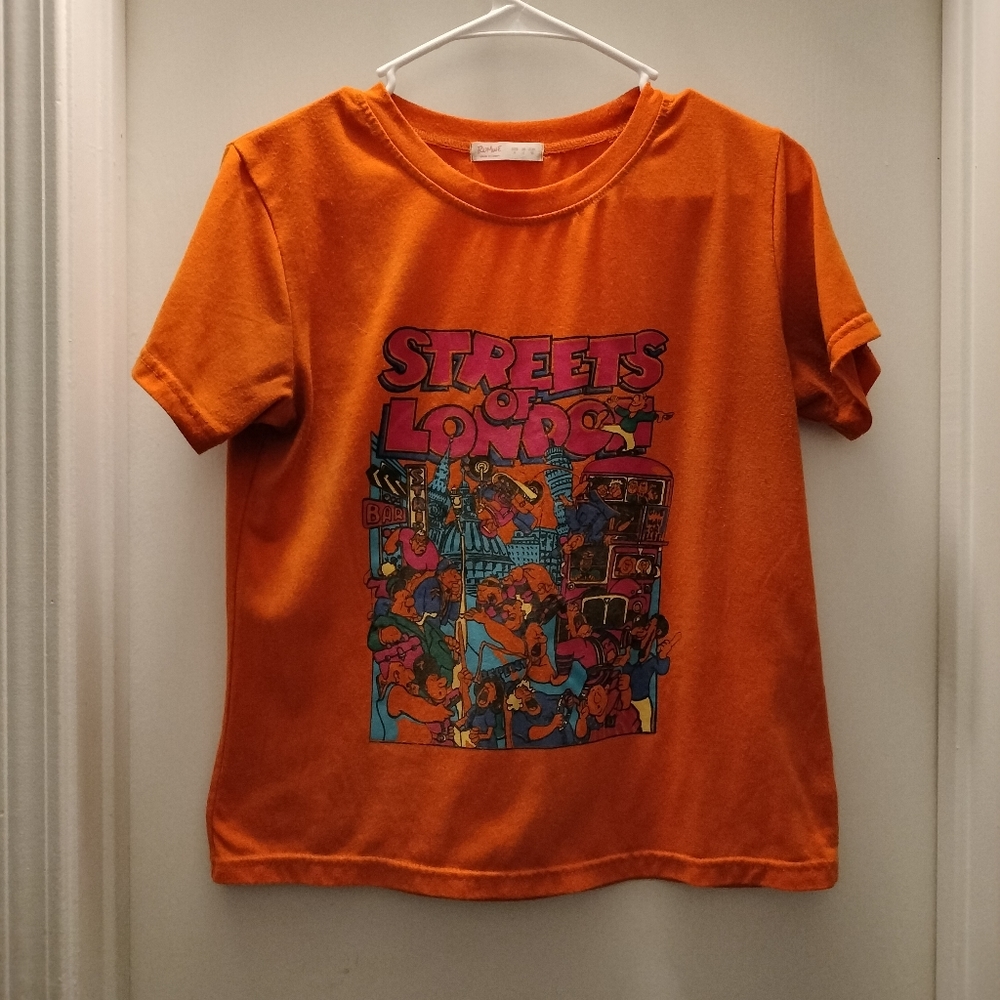 Romwe "Streets of London" Small Orange Crew neck tee shirt